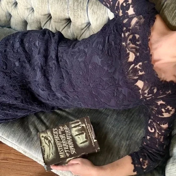 Tadashi Shoji Navy Formal Gown Full Length Lace size 2 - Picture 8 of 10